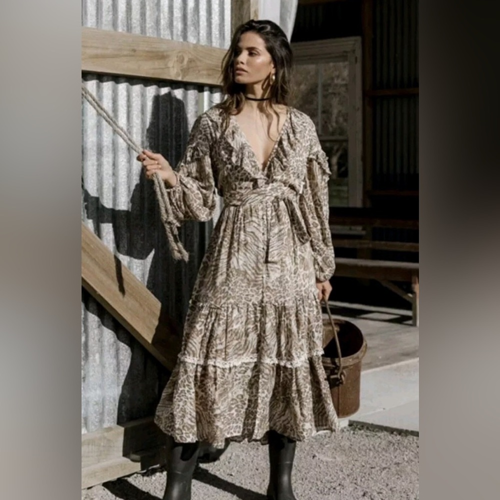 NWT Spell Beige Animal Print Long Sleeve Dress